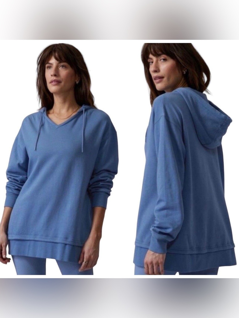 Athleta Sundown Alliance Hoodie Women’s Large Blue V Neck Layered Hem Pullover